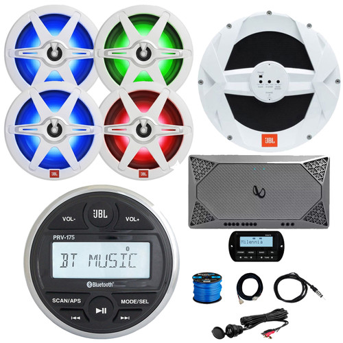 JBL PRV-175 Marine Bluetooth USB/AXU AM/FM Gauge Style Digital Media Stereo Receiver w/ Remote + Extension Cable, 4x 8" 450W Max Speakers, 10" Subwoofer, Amplifier, USB/AUX Adapter, Antenna, Wire