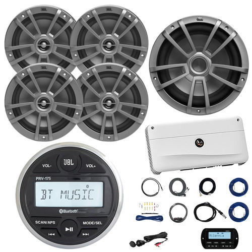 JBL PRV-175 Marine Gauge Hole Mount USB Bluetooth AM/FM Digital Stereo Receiver, Wired Remote, Cable, 4x 6.5" 180W Max Gray Speakers, Wire, 10" Subwoofer, 5-CH Amplifier, Kit, Antenna, AUX/AUX Adapter