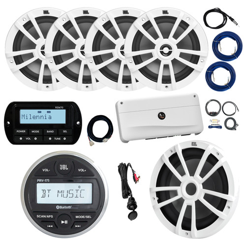 JBL PRV-175 Marine Gauge Hole Mount USB Bluetooth AM/FM Receiver, Remote, Extension Cable, Amplifier, Kit, Wire, USB Adapter, Antenna, 10" Subwoofer, 4x 6.5" 180 Watt Boat Audio Speakers (White)
