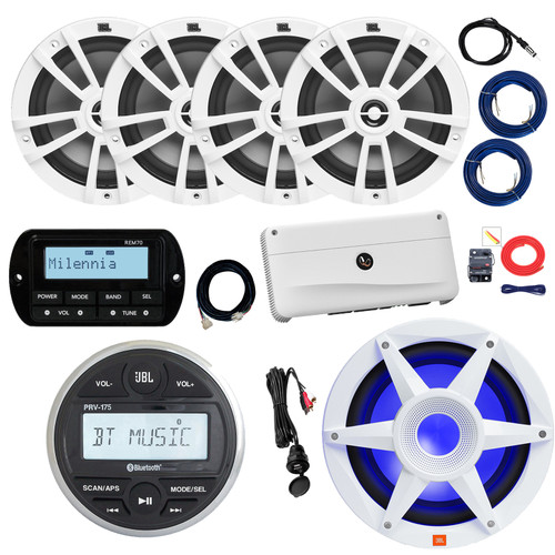 JBL PRV-175 Marine Bluetooth USB/AUX AM/FM Gauge Style Digital Media Stereo Receiver w/Remote + Extension Cable, 4x 6.5" 180W Max Speakers, 10" Subwoofer, Amplifier w/Kit, USB Adapter, Antenna, Wire