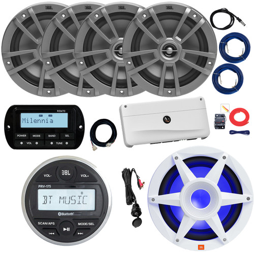JBL PRV-175 Marine Bluetooth USB/AUX AM/FM Gauge Style Digital Media Stereo Receiver w/Remote + Extension Cable, 4x 6.5" 180W Max Speakers, 10" Subwoofer, Amplifier w/Kit, USB Adapter, Antenna, Wire