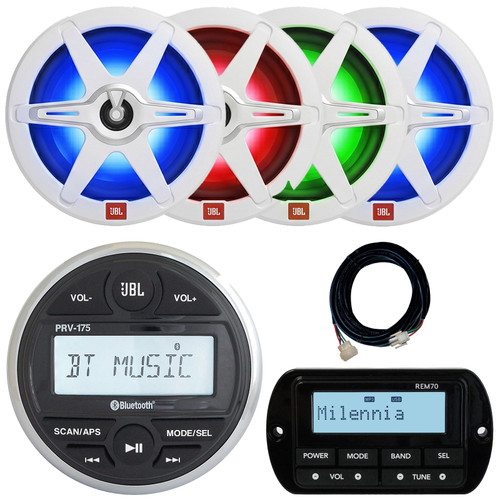 JBL PRV-175 Marine Bluetooth USB/AXU AM/FM Gauge Style Digital Media Stereo Receiver w/ Remote + Extension Cable, 4x 8" 450 Watt Max Power 2-Way High-Performance RGB LED Boat Speakers with Grilles