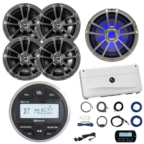 JBL PRV-175 Marine Gauge Hole Mount USB Bluetooth AM/FM Digital Stereo Receiver, Remote, Cable, 4x 6.5" 225W Max RGB LED Chrome Speakers, Wire, 10" Subwoofer, 5-CH Amp, Kit, Antenna, USB/AUX Adapter