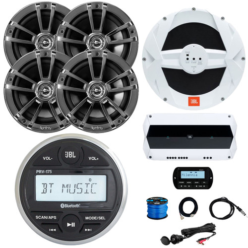 JBL PRV-175 Marine Gauge Hole Mount USB Bluetooth AM/FM Receiver, Wired Remote & Cable, 4x 6.5" 225W Max 2-Way Boat Chrome Speakers, Wire, 10" Subwoofer, 4-Channel Amplifier, Antenna, USB/AUX Adapter