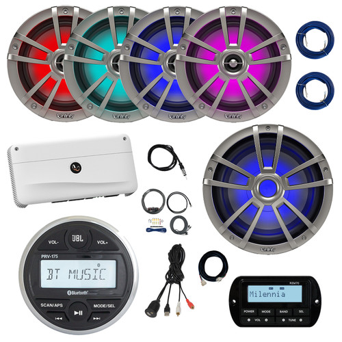 JBL PRV-175 Marine Gauge Style Bluetooth Stereo Receiver, Wired Remote, Extension, 4x 6.5" 225W Multicolor LED Boat Speakers (Titanium) 10" LED Subwoofer, Amplifier w/Kit, Antenna, USB Adapter, Wire