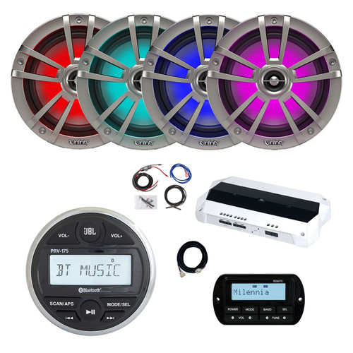 JBL PRV-175 Marine Gauge Hole Mount USB Bluetooth AM/FM Digital Stereo Receiver with Wired Remote, Extension, 4-Channel Amplifier w/Kit, 4x 6.5" 225 Watt Multicolor LED Boat Audio Speakers (Titanium)