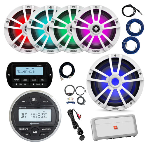 JBL PRV-175 Marine Gauge Hole Mount Bluetooth AM/FM Receiver, Remote, Extension, Amplifier, Kit, Wire, USB Adapter, Antenna, 10" LED Subwoofer, 4x 6.5" 225W LED Boat Speakers (White, Bulk Packaging)