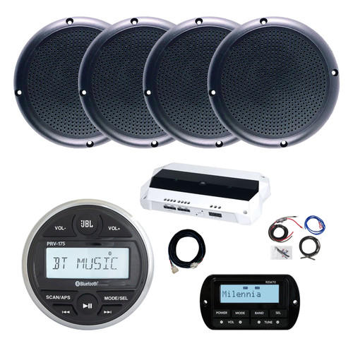 JBL PRV-175 Marine Gauge Hole Mount USB Bluetooth AM/FM Receiver, Wired Remote, Extension Cable, 4-Channel Amplifier, Install Kit, 4x 5.25" 20 Watt Max Power Polycone Audio Speakers (Bulk Packaging)