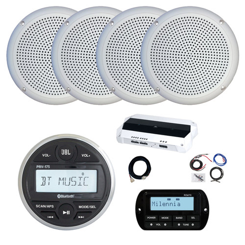 JBL PRV-175 Marine Gauge Hole Mount USB Bluetooth AM/FM Receiver, Wired Remote, Extension Cable, 4-Channel Amplifier, Kit, 4x 5.25" 20 Watt Max Power Polycone Audio Speakers (White, Bulk Packaging)