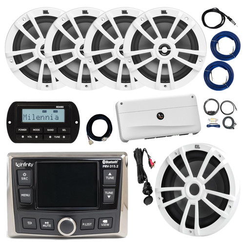 Infinity PRV-315.2 Marine Gauge Hole Mount USB Bluetooth AM/FM/WB Radio Receiver, Remote, Extension, Amplifier w/Kit, Wire, USB Adapter, Antenna, 10" Subwoofer, 4x 6.5" 180W Boat Speakers (White)
