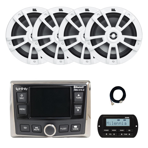 Infinity PRV-315.2 Marine Gauge Hole Mount USB Bluetooth AM/FM/WeatherBand Radio Receiver with Wired Remote, Extension Cable, 4x 8" 375 Watt Max 2-Way High-Performance Boat Audio Speakers (White)