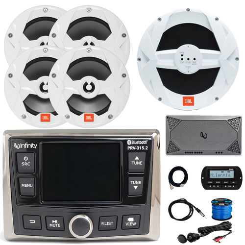 Infinity PRV-315.2 Marine Gauge Hole Mount USB Bluetooth AM/FM/WB Radio Receiver, Wired Remote & Cable, 4x 6.5" 225W Boat Speakers W/ Wire, 10" Subwoofer, 4-Channel Amplifier, Antenna, USB/AUX Adapter
