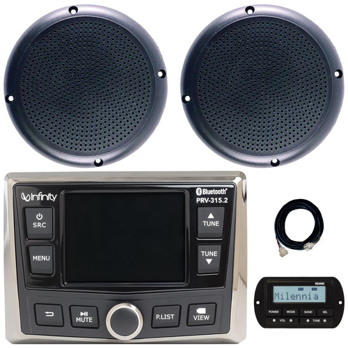 Infinity PRV-315.2 Marine Bluetooth USB/AUX WeatherBand AM/FM Radio Gauge Hole Mount Receiver W/Wired Remote + 20-foot Extension Cable, 2x 5.25" 20 Watts RMS Power Polycone Audio Black Boat Speakers
