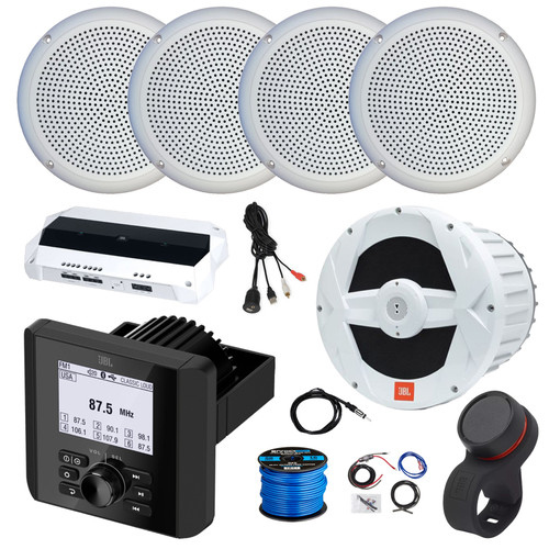 JBL Marine Gauge Hole Mount Bluetooth AM/FM Radio Receiver, Wireless Remote, Amplifier, 10" Subwoofer, Antenna, Wire, USB Adapter, 4x 5.25" 20 Watt Polycone Audio Speakers (White, Bulk Packaging)