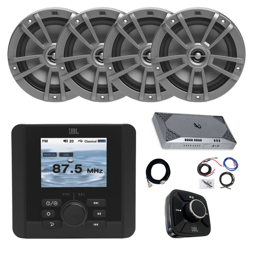 JBL JAM5000N Marine Gauge Hole Mount USB Bluetooth AM/FM/WB Radio Receiver, Wired Remote, Extension, 4-Channel Amplifier w/Install Kit, 4x 6.5" 180 Watt Max Multi-Element Audio Speakers (Gray)