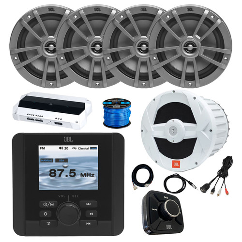 JBL JAM5000N Marine Gauge Hole Mount USB Bluetooth AM/FM/WB Receiver, Wired Remote, Extension, Amplifier, 10" Subwoofer, Antenna, USB Adapter, Wire, 4x 6.5" 180W Multi-Element Audio Speakers (Gray)