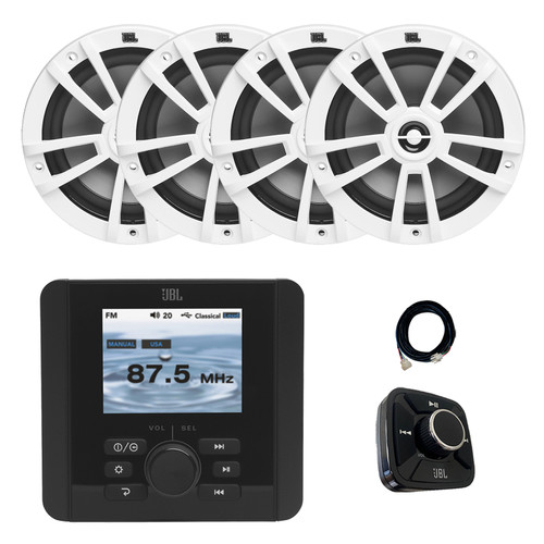 JBL JAM5000N Marine Gauge Hole Mount USB Bluetooth AM/FM/WeatherBand Radio Receiver with Wired Remote, Extension Cable, 4x 2x 6.5" 180 Watt Max 2-Way Multi-Element Boat Audio Speakers (White)