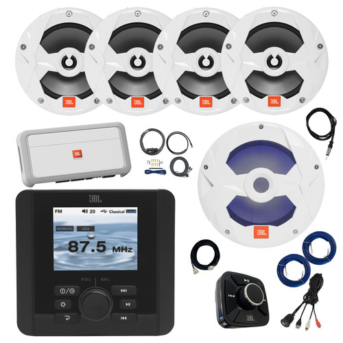 JBL JAM5000N Marine Gauge Style USB Bluetooth AM/FM/WB Radio Receiver, Wired Remote, Extension, 4x 8" 450W Boat Audio Speakers (White) 10" LED Subwoofer, Amp w/Kit, Antenna, USB Adapter, Wire