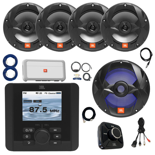 JBL JAM5000N Marine Gauge Hole Mount USB Bluetooth AM/FM/WB Radio Receiver w/Wired Remote, Extension, Amplifier w/Kit, Antenna, Wire, USB Adapter, 10" LED Subwoofer, 4x 6.5" 225 Watt Max Boat Speakers