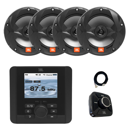 JBL JAM5000N Marine Gauge Hole Mount USB Bluetooth AM/FM/WeatherBand Radio Receiver with Wired Remote, Extension Cable, 4x 6.5" 225 Watt Max Power 2-Way Multi-Element Boat Audio Speakers