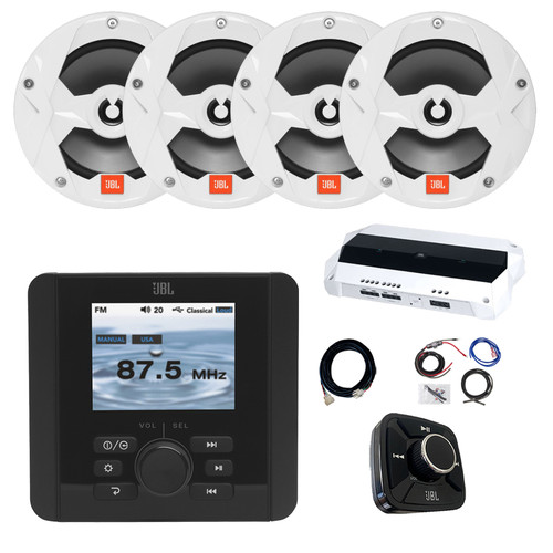 JBL JAM5000N Marine Gauge Hole Mount Bluetooth AM/FM/WB Radio Receiver, Wired Remote, Extension, 4-Channel Amplifier w/Kit, 4x 6.5" 225 Watt Max Power 2-Way Multi-Element Boat Audio Speakers (White)