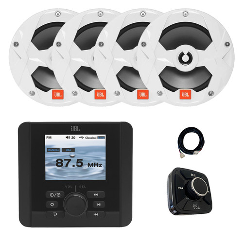 JBL JAM5000N Marine Gauge Hole Mount Bluetooth AM/FM/WeatherBand Radio Receiver, Wired Remote, Extension Cable, 4x 6.5" 225 Watt Max 2-Way Multi-Element Boat Audio Speakers (White)