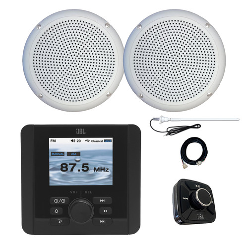 JBL JAM5000N Marine Gauge Hole Mount USB Bluetooth AM/FM/WB Radio Receiver with Wired Remote, Extension Cable, 2x 5.25" 20 Watt Max Polycone Audio Speakers, Long Range Antenna (White, Bulk Packaging)