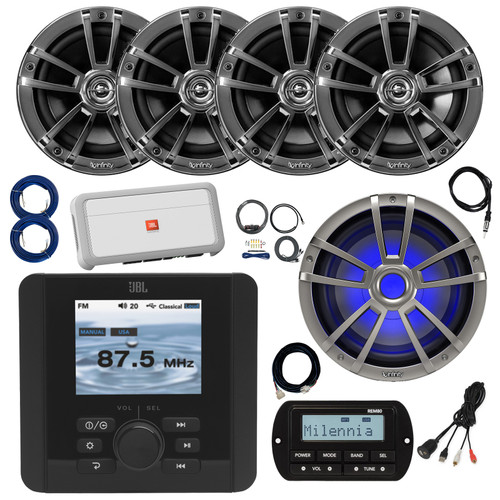 JBL JAM5000N Marine Gauge Hole Mount Bluetooth AM/FM/WB Receiver, Wired Remote, Extension, Amplifier w/Kit, 10" LED Subwoofer, Antenna, Wire, USB Adapter, 4x 6.5" 225W Speaker (Chrome, Bulk Packaging)