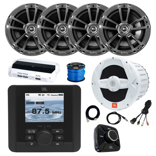 JBL JAM5000N Marine Gauge Hole Mount USB Bluetooth AM/FM/WB Receiver, Wired Remote, Extension, Amplifier, 10" Subwoofer, Antenna, USB Adapter, Wire, 4x 6.5" 225W Boat Audio Speakers (Bulk Packaging)