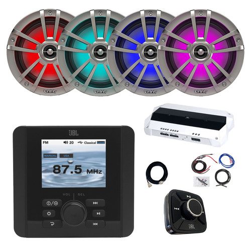 JBL JAM5000N Marine Gauge Style USB Bluetooth AM/FM/WeatherBand Radio Receiver, Wired Remote, Extension, 4-Channel Amplifier w/Kit, 4x 6.5" 225 Watt Max Multicolor LED Boat Audio Speakers (Titanium)