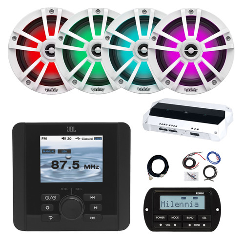 JBL JAM5000N Marine Gauge Hole Mount USB Bluetooth AM/FM/WB Radio Receiver with Wired Remote, Extension, 4-Channel Amplifier w/Kit, 4x 6.5" 225W Multicolor LED Boat Speakers (White, Bulk Packaging)