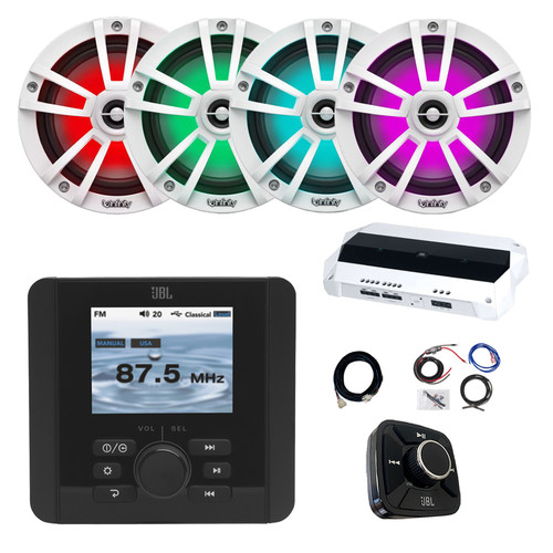 JBL JAM5000N Marine Gauge Hole Mount USB Bluetooth AM/FM/WB Radio Receiver with Wired Remote, Extension, 4-Channel Amplifier w/Kit, 4x 6.5" 225W Multicolor LED Boat Speakers (White, Bulk Packaging)