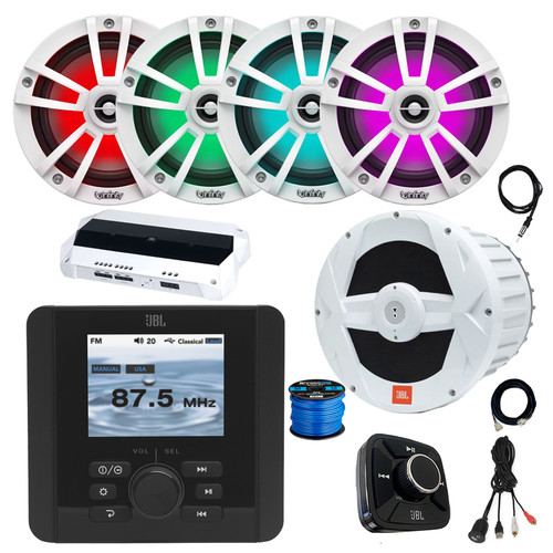 JBL JAM5000N Marine Gauge Hole Mount Bluetooth AM/FM/WB Receiver, Remote, Extension, Amplifier, Antenna, Wire, USB Adapter, 10" Subwoofer, 4x 6.5" 225W Multicolor LED Speakers (White, Bulk Packaging)