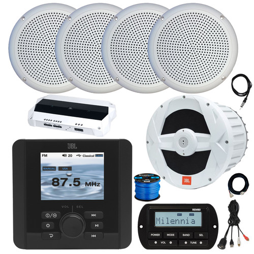 JBL JAM5000N Marine Gauge Hole Mount Bluetooth AM/FM/WB Receiver, Wired Remote, Extension, Amplifier, Antenna, Wire, USB Adapter, 10" Subwoofer, 4x 5.25" 20W Polycone Speakers (White, Bulk Packaging)