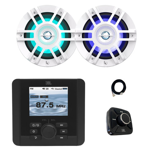 JBL JAM5000N Marine Gauge Hole Mount USB Bluetooth AM/FM/WeatherBand Radio Receiver with Wired Remote, Extension Cable, 2x 6.5" 300 Watt Peak 2-Way Multicolor LED Boat Audio Speakers (White)