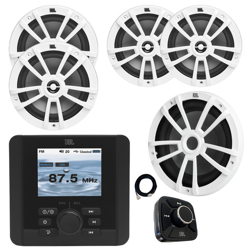 JBL JAM5000N Marine Gauge Hole Mount USB Bluetooth AM/FM/WB Receiver, Wired Remote, Extension, Wire, 10" Subwoofer, 2x 6.5" 180 Watt Multi-Element Speakers, 2x 8" 375 Watt Boat Audio Speakers (White)
