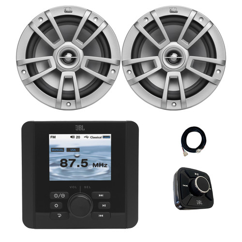 JBL JAM5000N Marine Gauge Hole Mount USB Bluetooth AM/FM/WeatherBand Radio Receiver with Wired Remote, Extension Cable, 2x 8" 375 Watt Max 2-Way High-Performance Boat Audio Speakers (Gray)