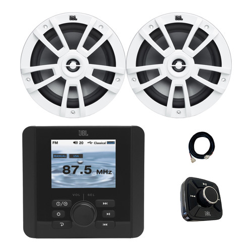JBL JAM5000N Marine Gauge Hole Mount USB Bluetooth AM/FM/WeatherBand Radio Receiver with Wired Remote, Extension Cable, 2x 8" 375 Watt Max 2-Way High-Performance Boat Audio Speakers (White)