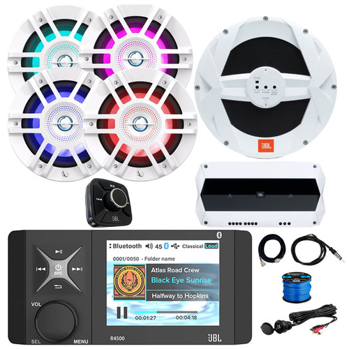 4" Color LCD Display Marine USB/AUX Bluetooth AM/FM/WB Stereo Receiver W/ Remote & Cable, 4x 6.5" 300W Max 2-Way Boat Speakers W/ Wire, 10" Subwoofer, 4-Channel Amplifier, Antenna, USB/AUX Adapter