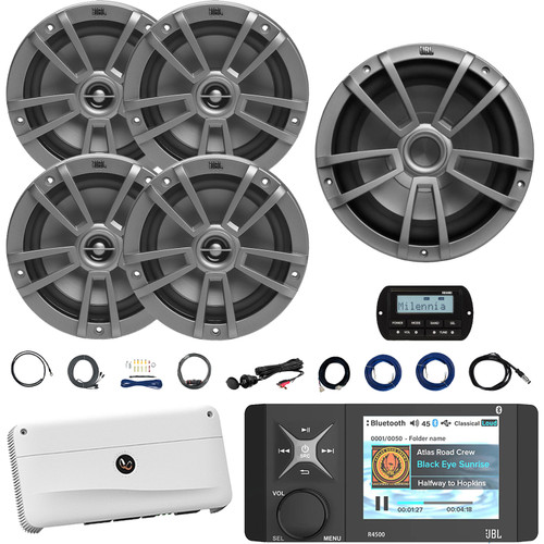 4" Color LCD Display Marine USB/AUX Bluetooth AM/FM/WB Receiver, Wired Remote W/ Cable, 4x 6.5" 180W Max Speakers W/ Wire, 10" Subwoofer, 5-CH Amplifier W/ Kit, Antenna, AUX/USB Adapter
