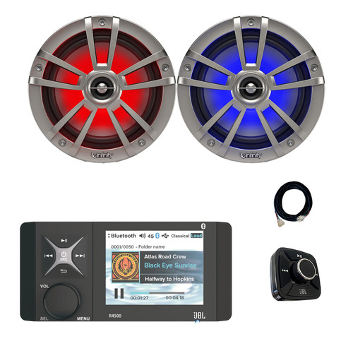 JBL Wake Series R4500 4" Color Display Marine USB Bluetooth AM/FM/WeatherBand Radio Receiver, Wired Remote, Extension Cable, 2x 6.5" 225 Watt Max 2-Way Multicolor LED Boat Audio Speakers (Titanium)