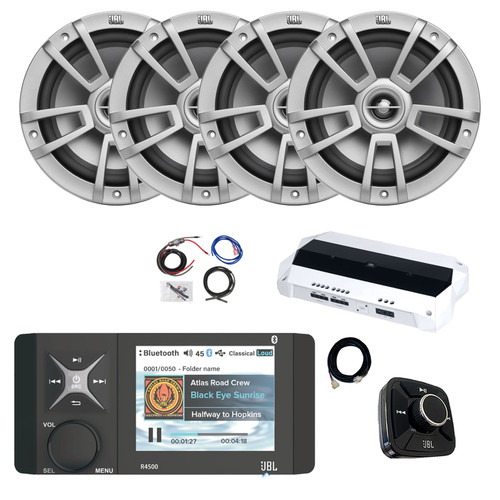 JBL Wake Series R4500 4" Color Display Marine USB Bluetooth AM/FM/WeatherBand Radio Receiver, Wired Remote, Extension, 4-Channel Amplifier w/Kit, 4x 8" 375 Watt Max 2-Way Boat Audio Speakers (Gray)