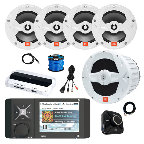 JBL R4500 4" Color Display Marine USB Bluetooth AM/FM/WB Radio Receiver, Wired Remote, Extension, 4x 8" 450W Boat Audio Speakers (White) 10" Subwoofer, Amplifier, Antenna, USB Adapter, Wire