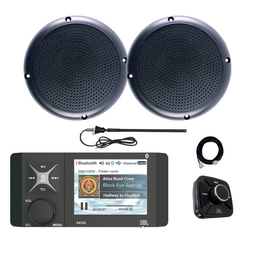 JBL Wake Series R4500 Marine USB Bluetooth AM/FM/WeatherBand Radio Receiver with Wired Remote, Extension Cable, 2x 5.25" 20 Watt Max Power Polycone Audio Speakers (Bulk Packaging)