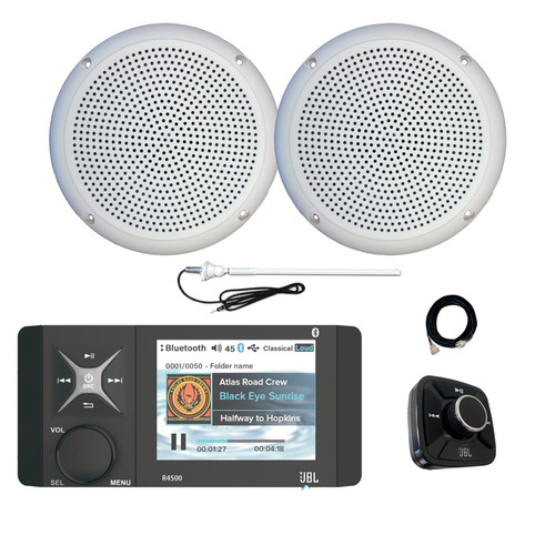 JBL Wake Series R4500 Marine USB Bluetooth AM/FM/WeatherBand Radio Receiver with Wired Remote, Extension Cable, 2x 5.25" 20 Watt Max Polycone Audio Speakers, Long Range Antenna (White, Bulk Packaging)