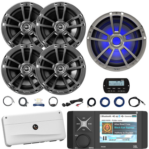 4" Color LCD Display Marine USB/AUX Bluetooth AM/FM/WB Receiver, Wired Remote W/ Cable, 4x 6.5" 225W Max Speakers W/ Wire, 10" Subwoofer, 5 Channel Amplifier W/ Kit, Antenna, AUX/USB Adapter