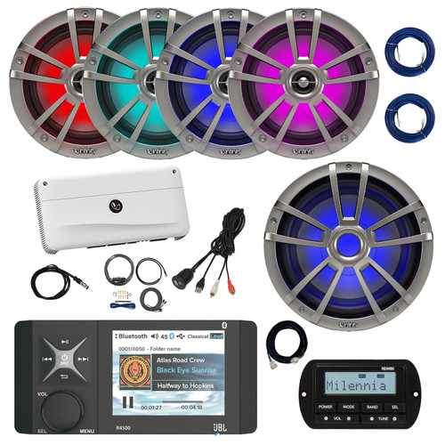 JBL R4500 Marine USB Bluetooth AM/FM/WB Radio Receiver, Wired Remote, Extension, 4x 6.5" 225W Multicolor LED Boat Speakers (Titanium) 10" LED Subwoofer, Amplifier w/Kit, Antenna, USB Adapter, Wire