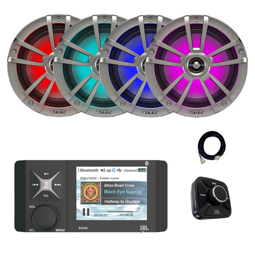 JBL Wake Series R4500 4" Color Display Marine USB Bluetooth AM/FM/WeatherBand Radio Receiver, Wired Remote, Extension Cable, 4x 6.5" 225 Watt Max 2-Way Multicolor LED Boat Audio Speakers (Titanium)