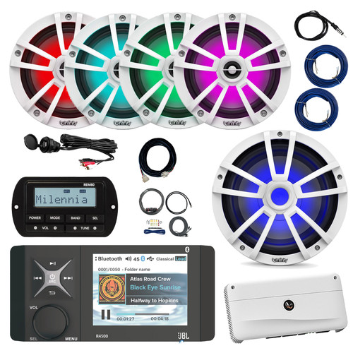 JBL R4500 Marine Bluetooth AM/FM/Weather Band Receiver w/Remote, Extension Cable, Amplifier w/Kit, Wire, USB Adapter, Antenna, 10" LED Subwoofer, 4x 6.5" 225W LED Boat Speakers (White, Bulk Packaging)