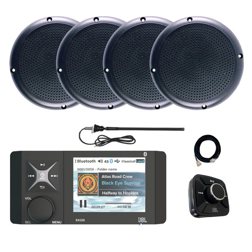 JBL Wake Series R4500 Marine USB Bluetooth AM/FM/WeatherBand Radio Receiver with Wired Remote, Extension Cable, 4x 5.25" 20 Watt Max Polycone Audio Speakers, Long Range Antenna (Black, Bulk Packaging)